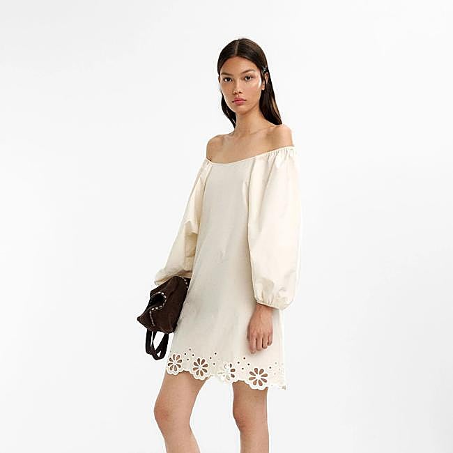 Vestido corto bardot con bordados