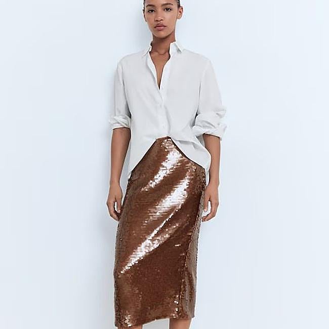 Falda midi recta de lentejuelas