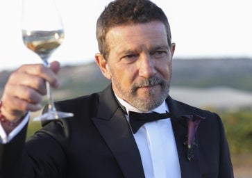 Antonio Banderas brinda junto a los medios tras la boda de su hija Stella del Carmen.