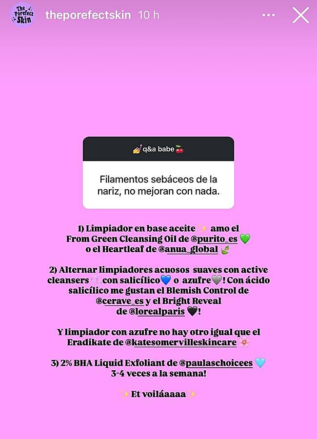 Imagen - Las recomendaciones de la farmacéutica de la cuenta @theporefectskin para mejorar los filamentos sebáceos de la nariz.