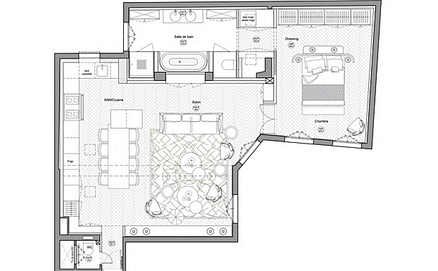 Plano del apartamento después de la reforma, con espacios abiertos.