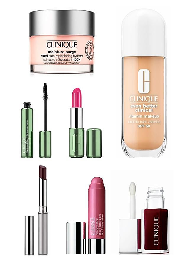 Imagen - 1. Crema facial Moisture Surge 100hrs. 2. Base de maquillaje Even Better ClinicalTM Vitamin Makeup SPF 50. 3. Máscara de pestañas High Impact. 4. Colorete Chubby Stick Cheek Colour Balm. 5. Lipstick Black Honey. 6. Aceite para labios y mejillas Clinique Pop. Todo de Clinique.
