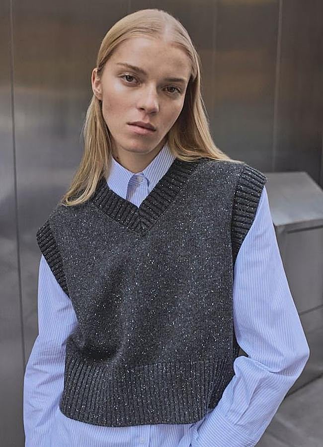 Imagen - Chaleco de punto jaspeado con cuello de pico