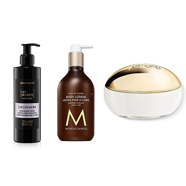 Loción corporal Les Secrets nº 784 Cachemire de Equivalenza, Loción corporal Soleil de Tanger de Moroccanoil y crema corporal J'adore Les Adorables de Dior.