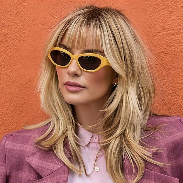 Modelo con flequillo despuntado en corte de pelo hush