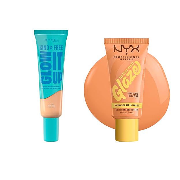 Base Kind & Free Glow It Up de Rimmel London y Buttermelt Glaze de Nyx.