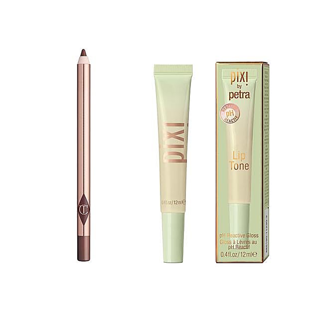 Lápiz de labios en marrón Lip Cheat de Charlotte Tilbury y Brillo de labios Lip Tone de Pixi.