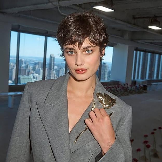 Modelo con corte de pelo corto tipo pixie a capas