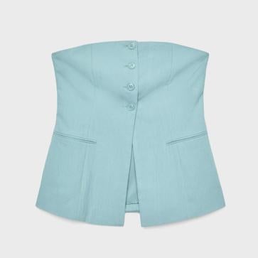Imagen secundaria 1 - Cuñas yute atadas (29,99€)/ Top bustier botones textura (22,99€)/ Pantalón fluido pinzas texturas (29,99€)