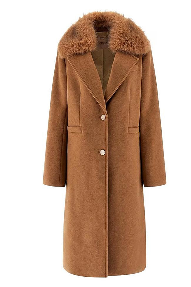 Abrigo largo en camel con detalle de cuello de Guess.