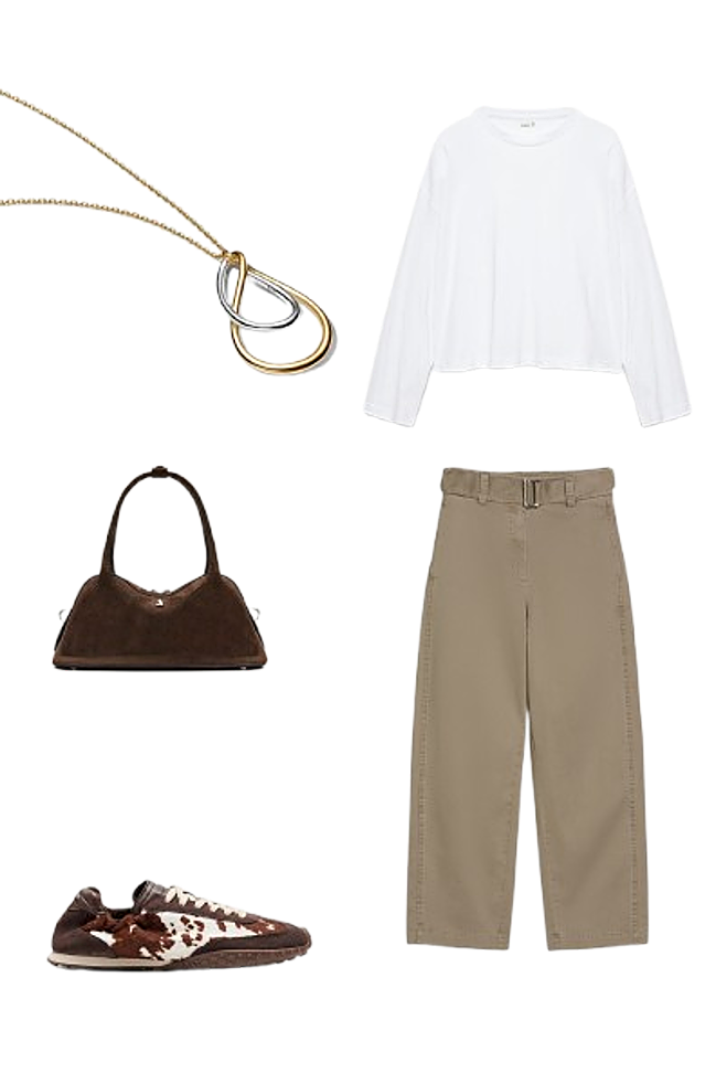 Camiseta boxy de manga larga, de Pull & Bear (12,99 €)/ Pantalones barril, de Marc O'Polo (169,95 €)/ Collar doble , de Pandora (119 €)./ Bolso Hilma, de Alohas (295 €)./ Zapatillas Bridge Cow Print Brown, de Hoff (150 €).