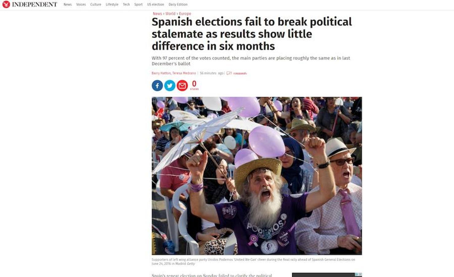 Independent (Reino Unido) «Las elecciones españolas fallan en su intento de romper el estancamiento político con unos resultados similares a los de hace seis meses»