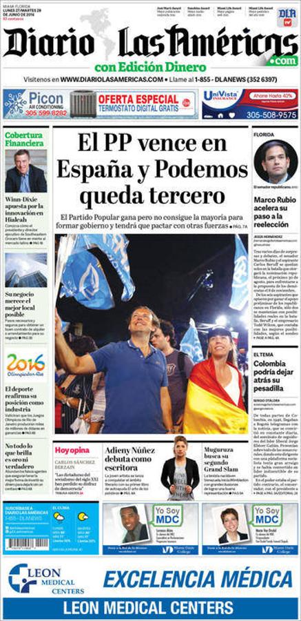 El Diario Las Américas (ubicado en Miami) señala la victoria del PP y la tercera posición de Podemos en el 26-J.