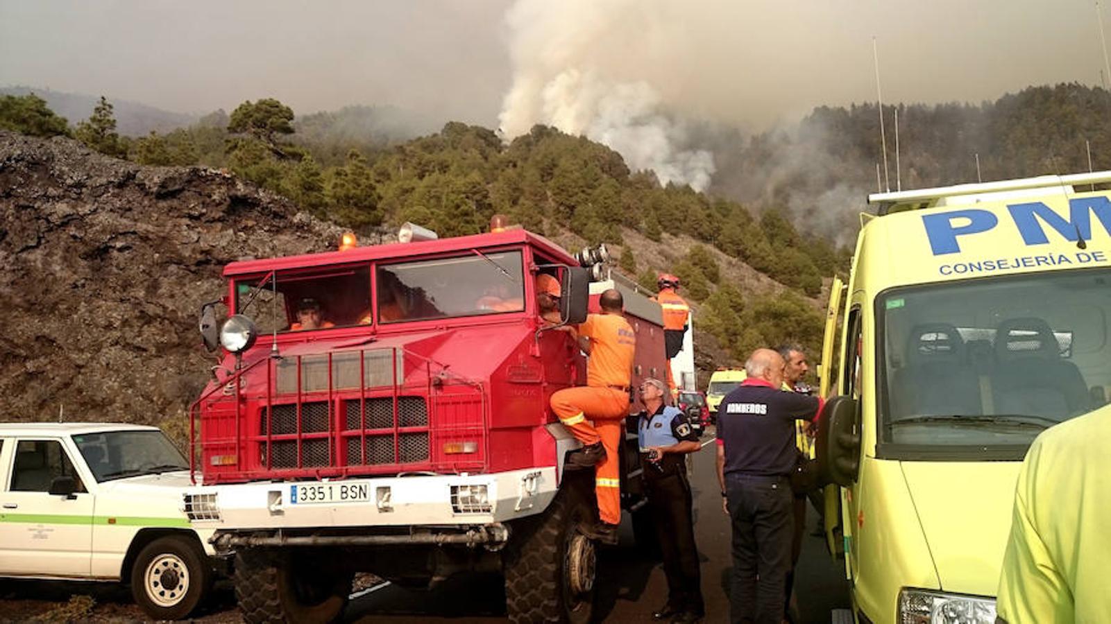 Efectivos de bomberos participan en la extinción del fuego del incendio forestal.