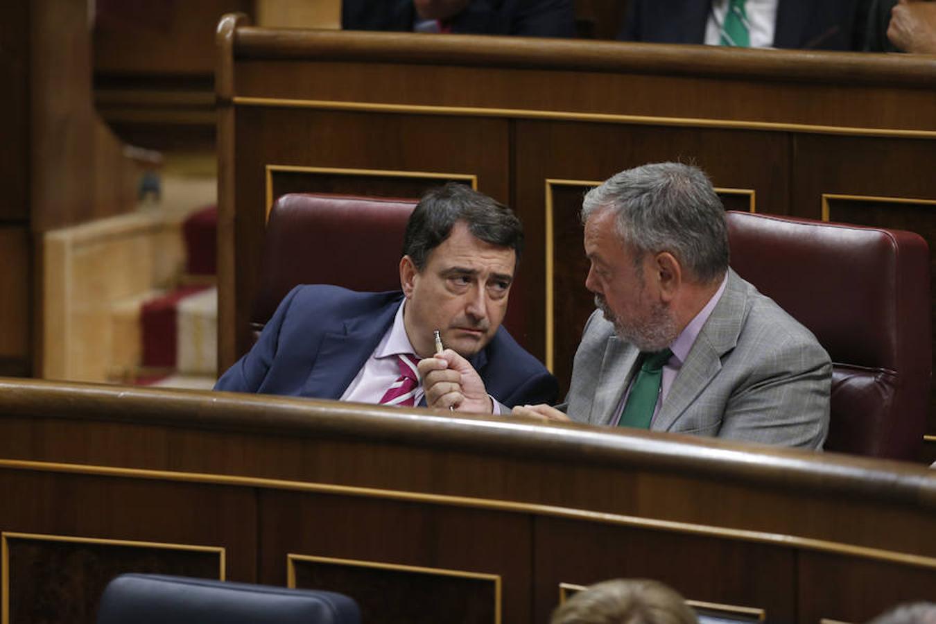 El portavoz del PNV, Aitor Esteban (i), conversa con el diputado Pedro María Azpiazu (d), durante la primera jornada del debate de investidura.