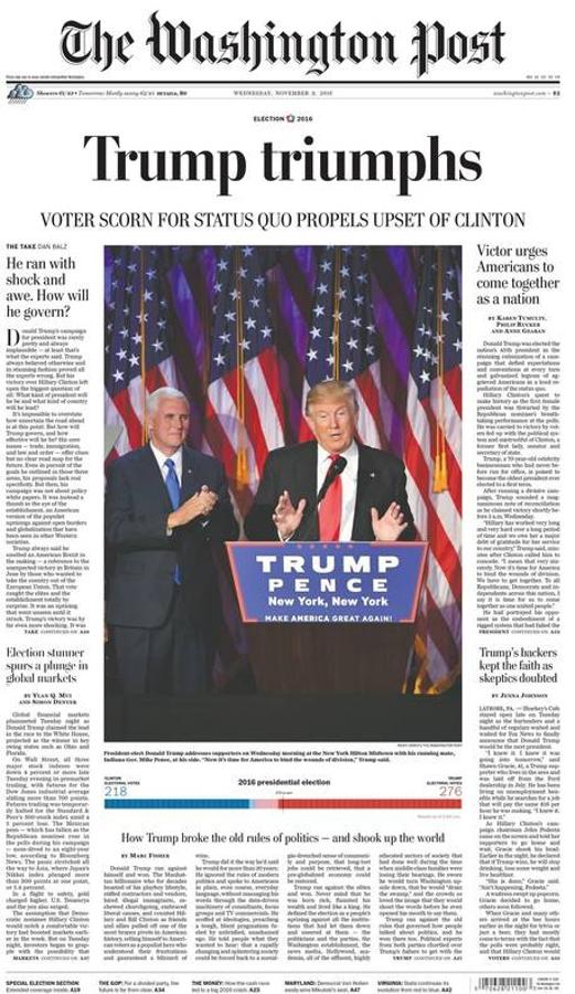 The Washington Post (EE UU). El prestigioso diario de la capital de EE UU hace un juego de palabras en su titular: «Trump, triunfa»