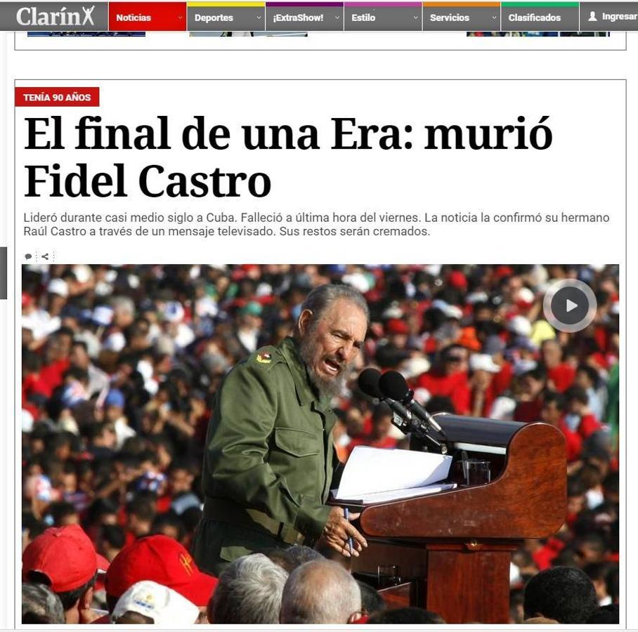 CLARÍN: «El final de una era: murió Fidel Castro».