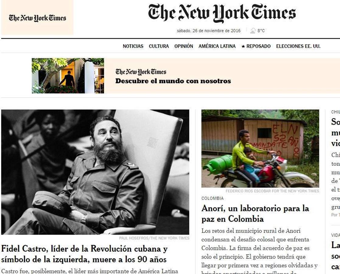 THE NEW YORK TIMES: «Fidel Castro, líder de la Revolución cubana y símbolo de la izquierda, muere a los 90 años».