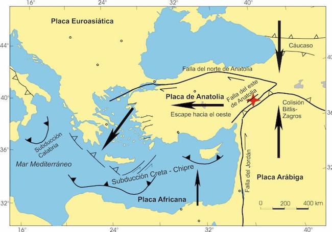 Placas tectónicas y fallas responsables del terremoto de Turquía (marcado en rojo). Author provided