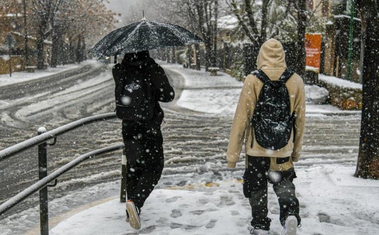 Imagen principal - La nieve ha llegado este lunes a Mallorca, foto principal, y también a orillas de la playa de La Concha, en San Sebastián, y a los alrededores de la ciudad de Barcelona