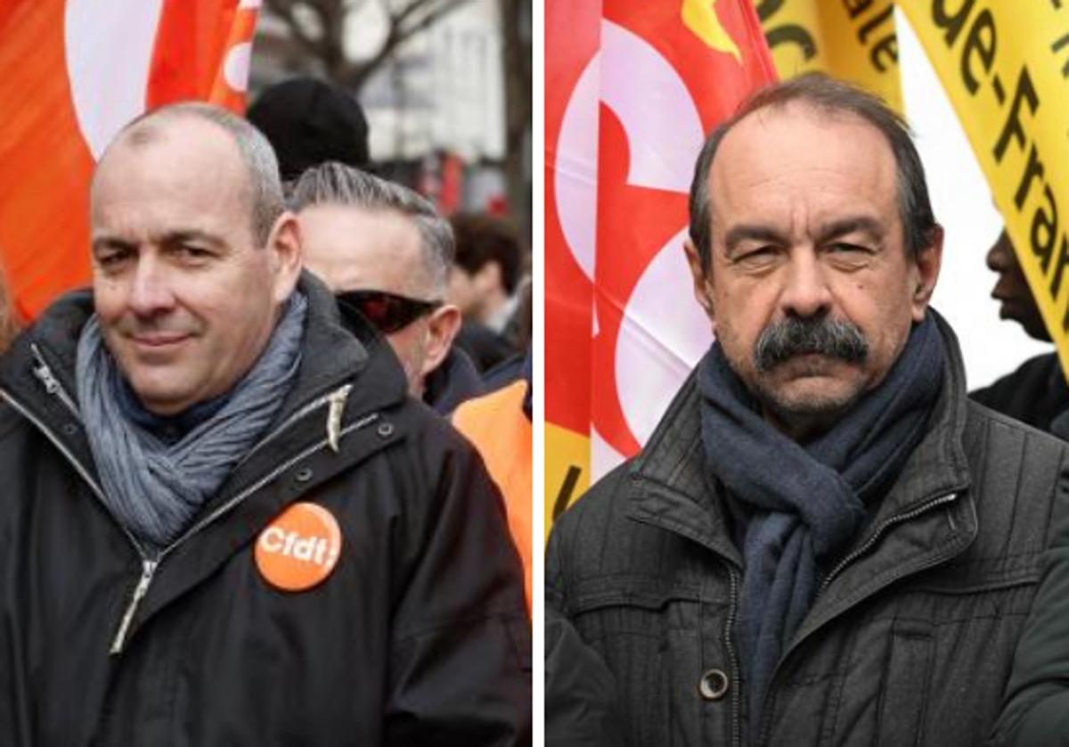 A la izquierda, el líder del sindicato CFDT Laurent Berger, y a la derecha Philippe Martínez, de la CGT.