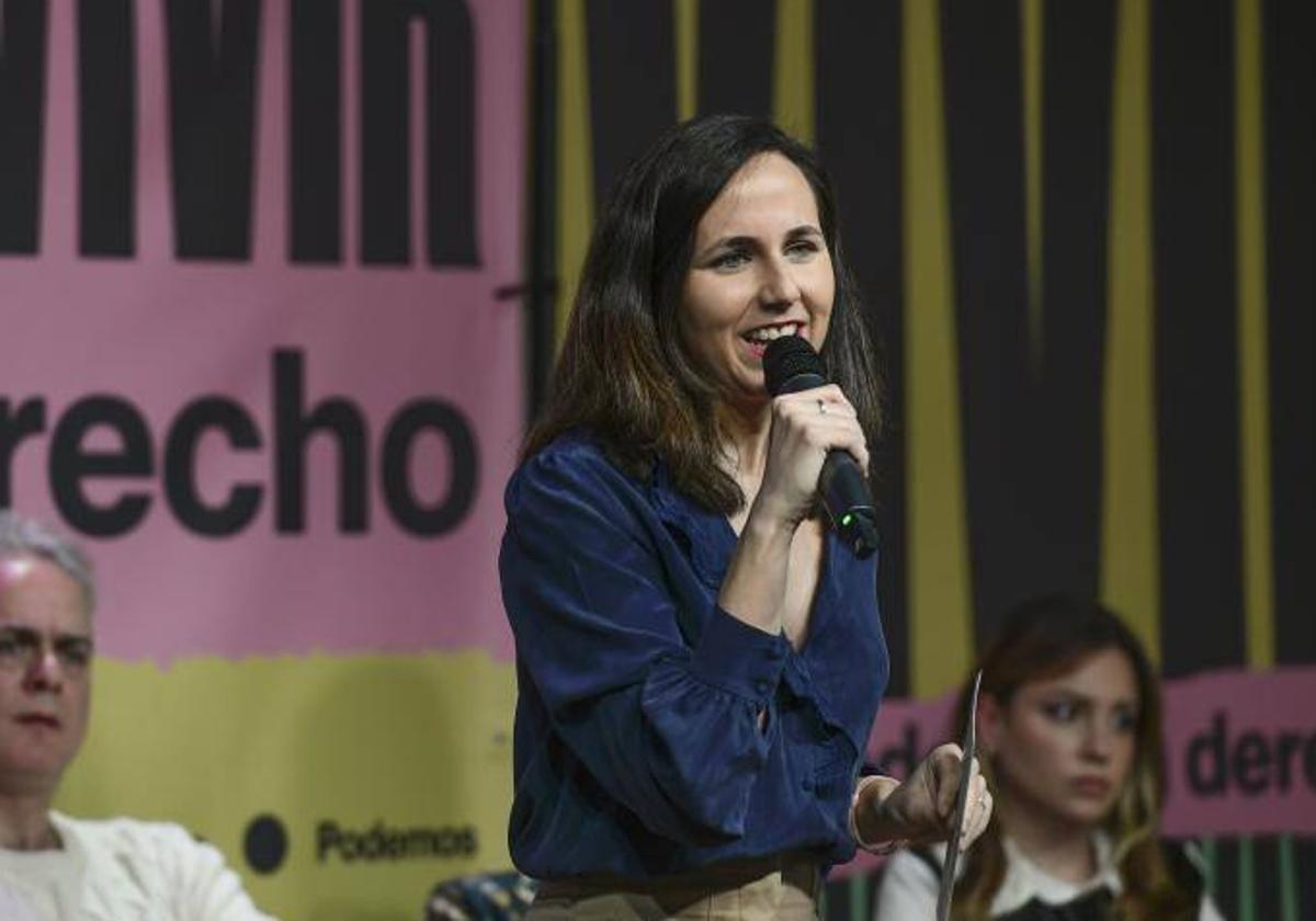 La secretaria general de Podemos, Ione Belarra, durante un acto este domingo en Madrid centrado en vivienda.