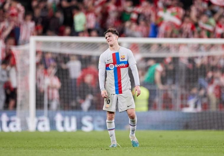 Gavi, durante el partido que midió el domingo al Barça con el Athletic en San Mamés.