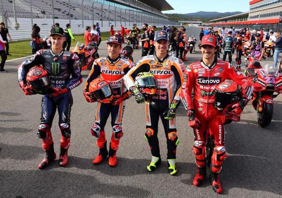 Quartaro, Márquez, Mir y Bagnaia, durante la presentación del GP de Portugal.