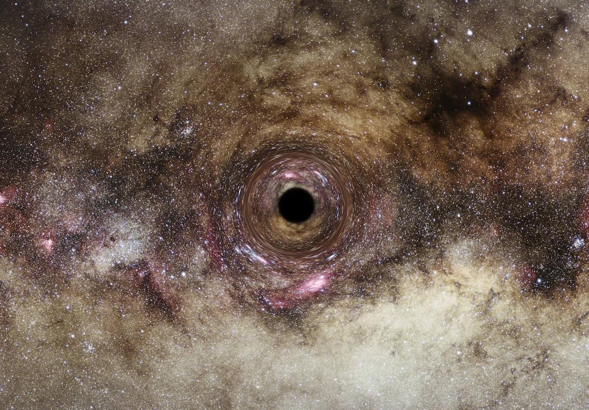 La impresión de un artista de un agujero negro, donde el intenso campo gravitacional del agujero negro distorsiona el espacio que lo rodea.
