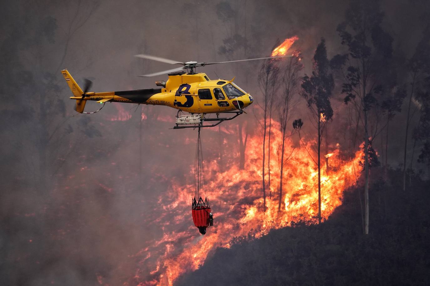 Bomberos de Asturias trabajan para extinguir las llamas en un incendio forestal