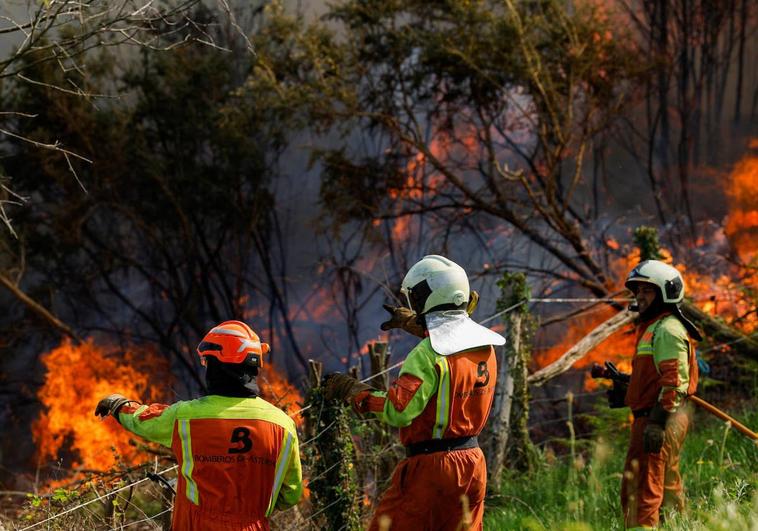 Los bomberos asturianos, en plena labor de extinción de uno de los incendios.