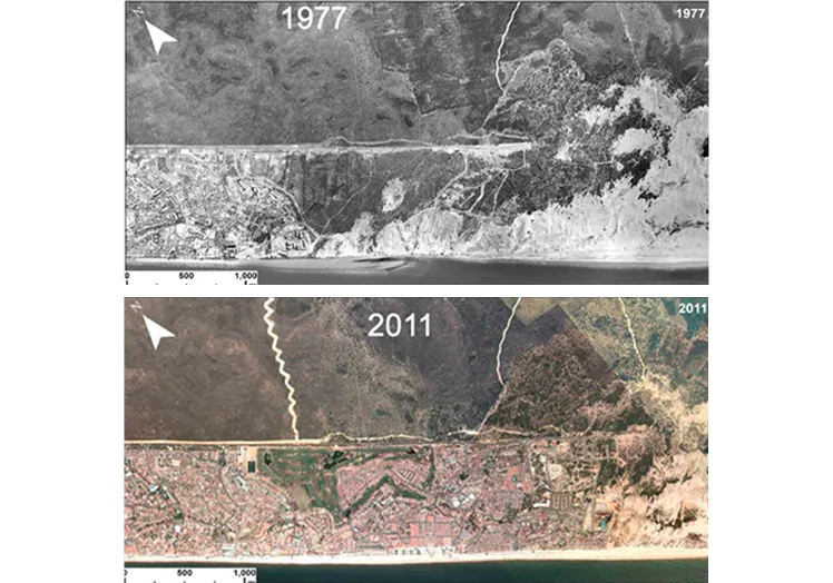 Imagen comparativa de cómo han crecido las urbanizaciones turísticas de Matalascañas de 1977 a 2011.