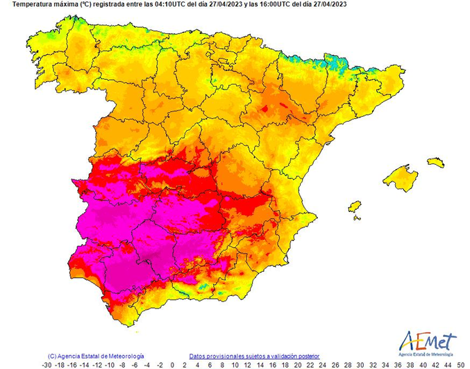 Ranking de temperaturas máximas registradas este jueves 27 de abril.