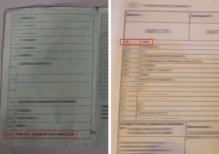 En la primera foto se puede ver un permiso de circulación de un proveedor de Uber con la catalogación de vehículo de alquiler sin conductor (D-4), contraria a su servicio. En la segunda imagen se aprecia la ficha técnica de otro vehículo que trabaja con Uber con la ficha técnica falseada como si fuera un turismo normal.