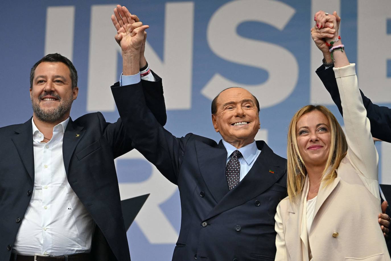 Matteo Salvini, Silvio Berlusconi y Giorgia Meloni, en 2022.