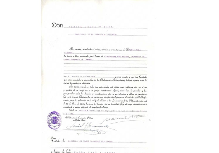 Contrato de Pablo Picasso como diretot del Prado. 1936.