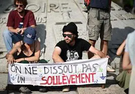 Miembros del movimiento ecologista Les Soulèvements de la Terre protestan en Nantes contra la disolución.