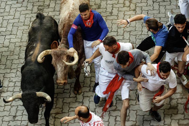 Los toros de la ganadería de Fuente Ymbro momentos antes de entrar el el callejón durante el cuarto encierro.