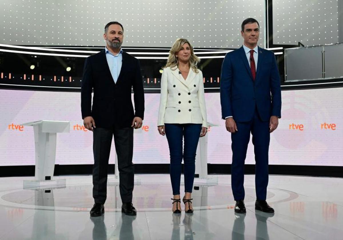 Santiago Abascal, Yolanda Díaz y Pedro Sänchez.