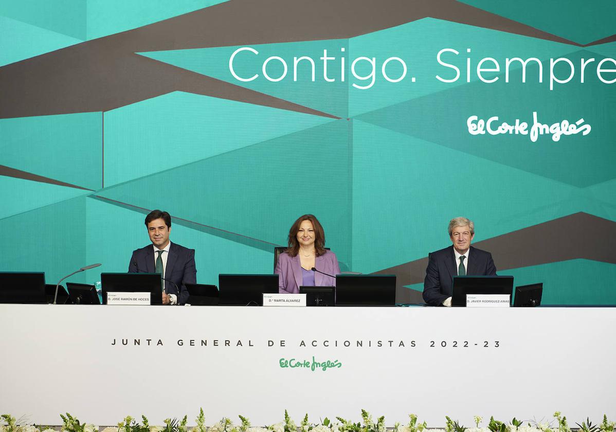 La presidenta de El Corte Inglés, Marta Álvarez (c.), durante la junta general de accionistas.