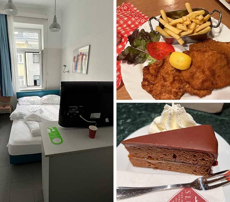 A la izquierda, nuestra habitación. Derecha y arriba, comida típica vienesa muy parecida al escalope. Abajo, la típica tarta Sacher considerada una delicia austriaca.