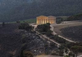 El fuego se quedó a unos metros del parque arqueológico de Segesta, en la isla de Sicilia, donde el entorno está calcinado.