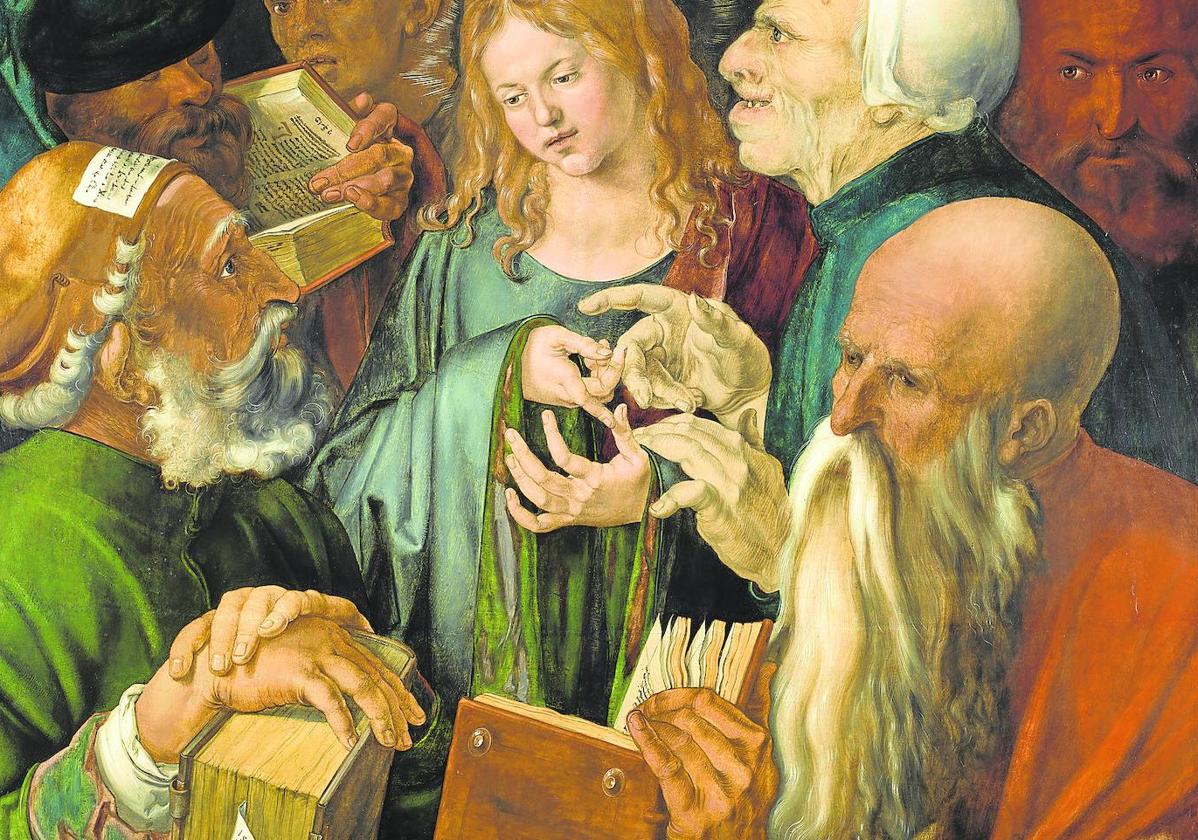 'Jesús entre los doctores'. Durero (1506), con un ser grotesco y demoníaco.