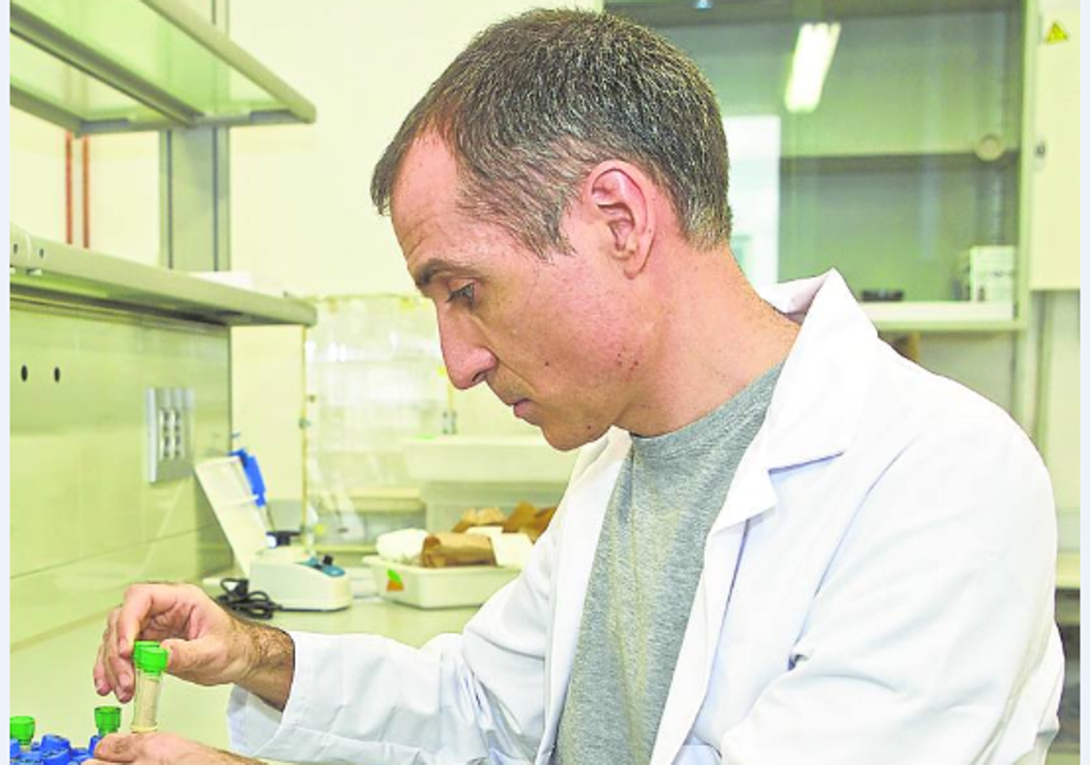 Maestre manipula unas muestras en el laboratorio,