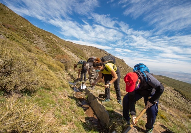 Voluntarios trabajando en una acequia.