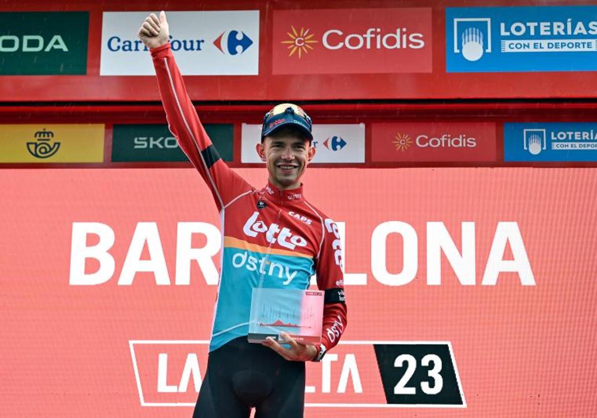 Andreas Kron celebra su victoria en la segunda etapa de la Vuelta a España.