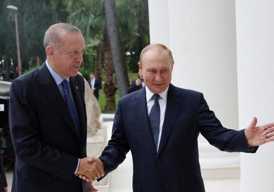 El presidente turco, Recep Tayyip Erdogan, y su homólogo ruso, Vladímir Putin, durante la reunión que celebraron en Sochi el 5 de agosto de 2022.