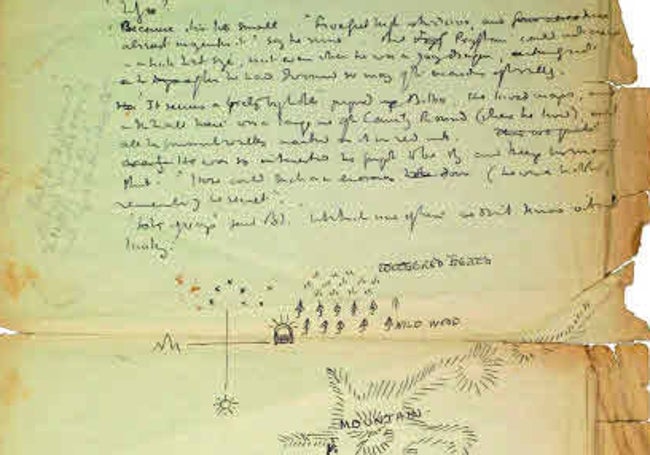 Una página del primer manuscrito de 'El Hobbit', con el Mapa de Thror, de J.R.R. Tolkien.