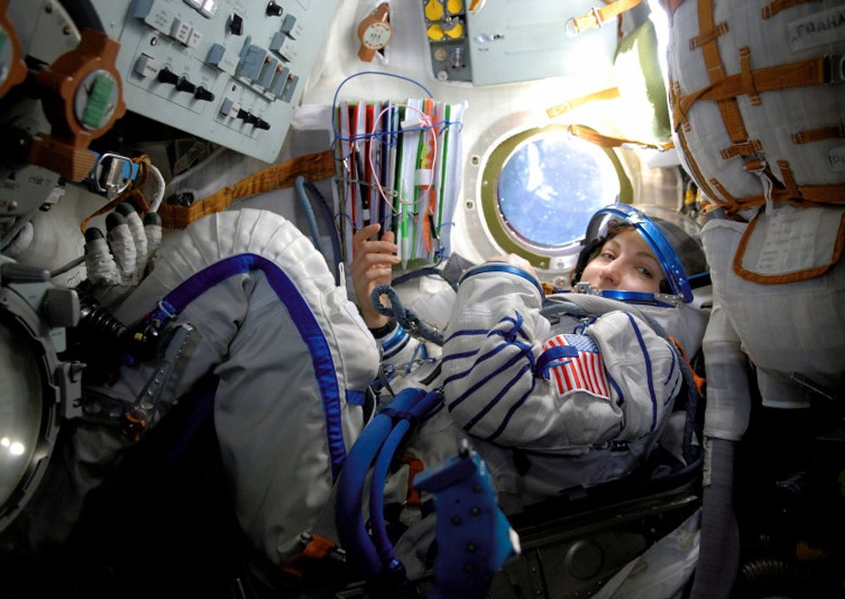 Imagen secundaria 1 - El turista espacial Guy Laliberte, en 2009 en el Soyuz (arriba); la primera mujer turista espacial, Anousheh Ansari, en 2006, y (abajo) el astronauta David Saint-Jacques con un experimento nutricional en la Estación Espacial Internacional, en 2019.