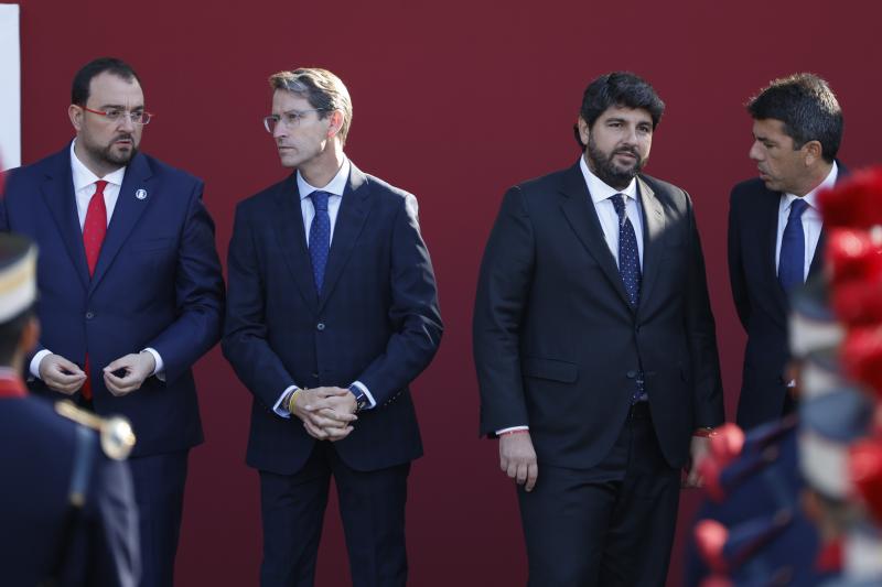 El presidente del Principado de Asturias Adrián Barbón, el presidente de La Rioja Gonzalo Capellán, el presidente de Murcia Fernando López Miras, y el presidente de la Comunidad Valenciana Carlos Mazón.